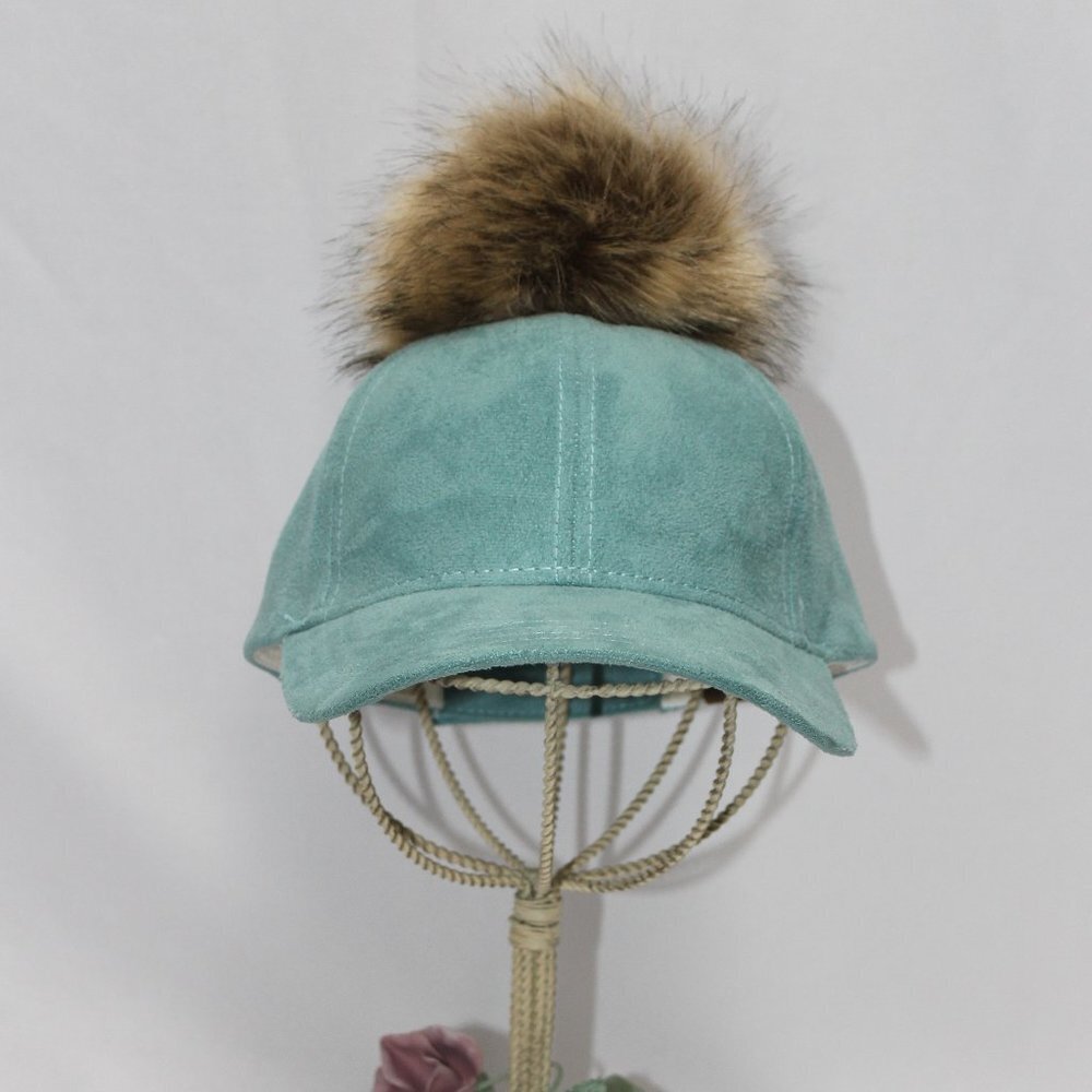 C.C Suede Removable Fur Pom Teal Baseball Cap